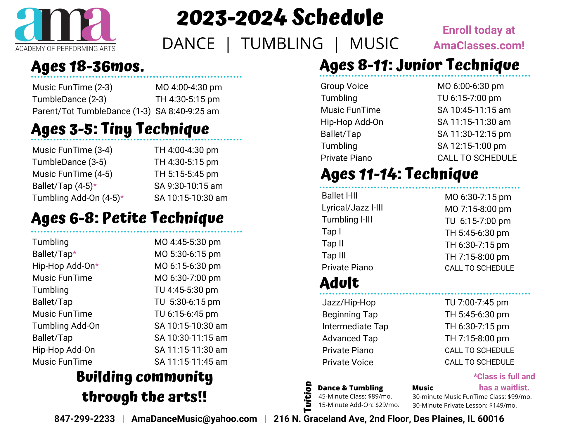 Schedule & Tuition AMA Classes